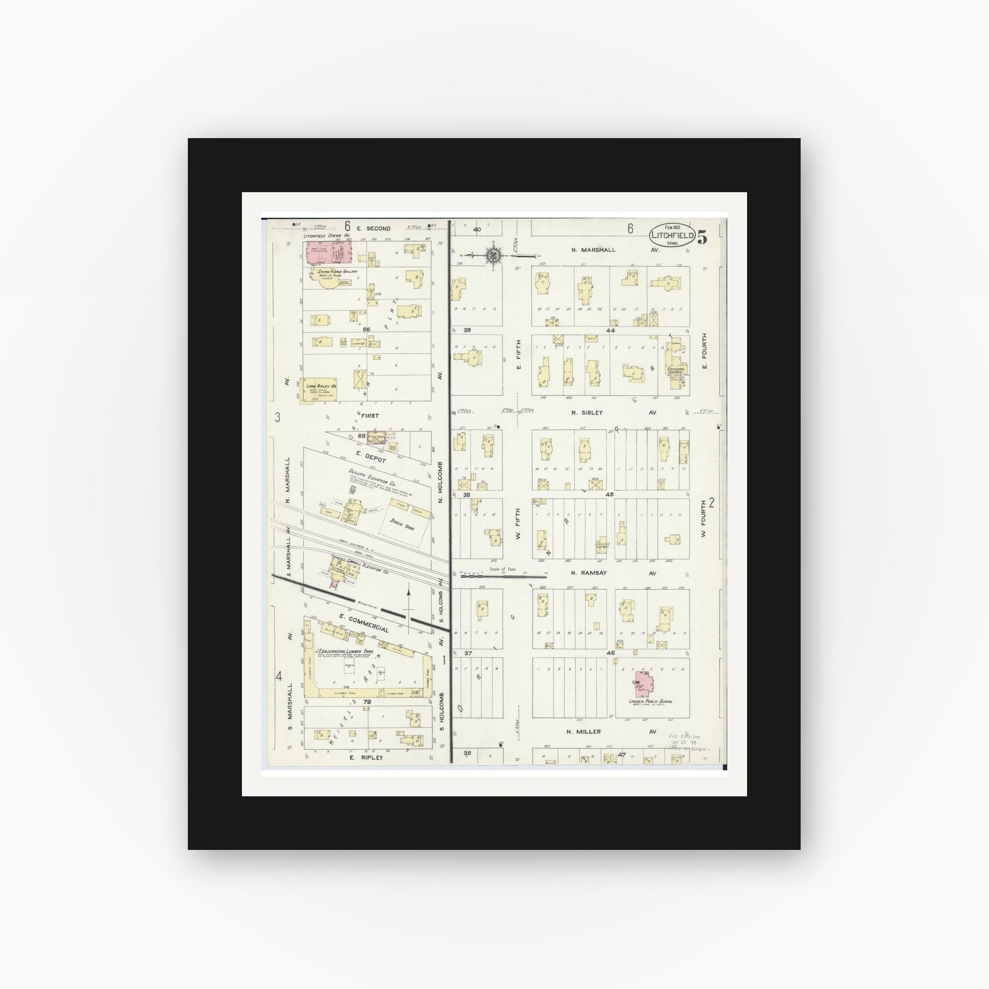 Old map wall art mockup — black gallery frame with white mat — Sanborn Fire Insurance Map from Litchfield, Meeker County, Minnesota (1913), Sheet #0005