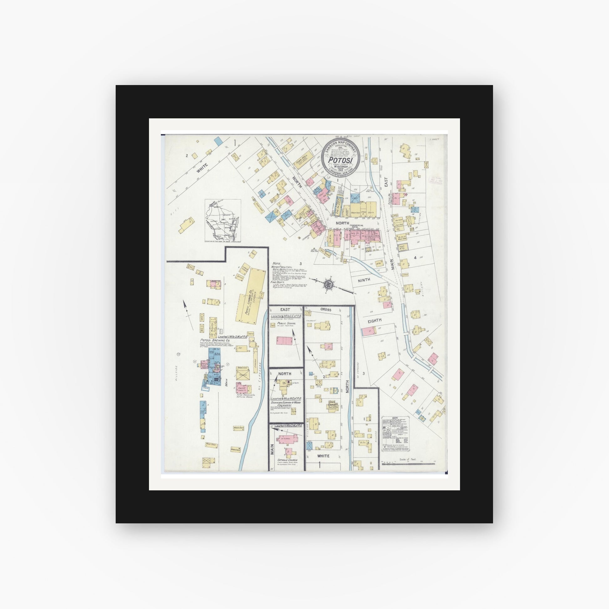 Old map wall art mockup — black gallery frame with white mat — Sanborn Fire Insurance Map from Potosi, Grant County, Wisconsin (1912), Sheet #0001