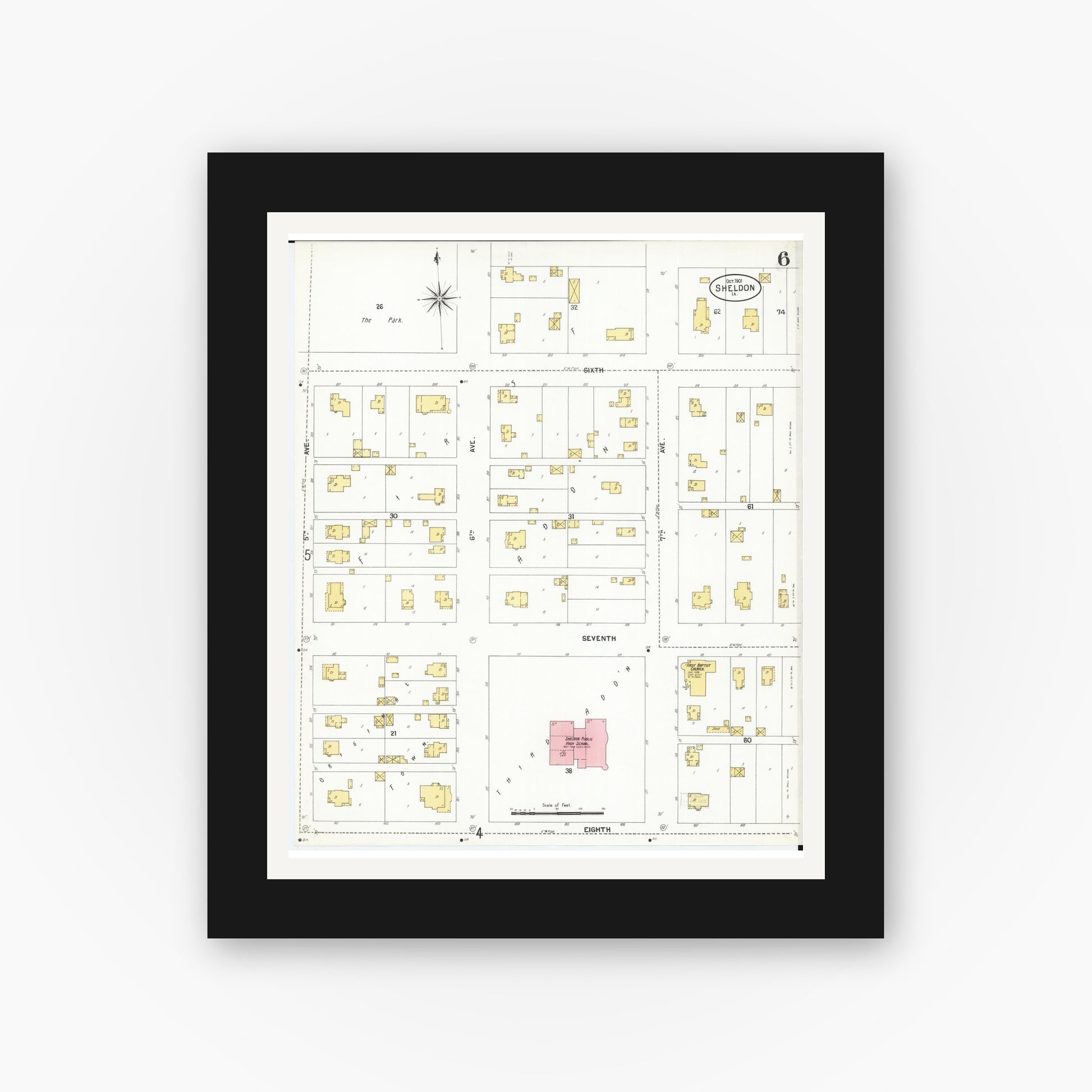 Old map wall art mockup — black gallery frame with white mat — Sanborn Fire Insurance Map from Sheldon, O'Brien County, Iowa (1901), Sheet #0006