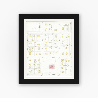 Old map wall art mockup — black gallery frame with white mat — Sanborn Fire Insurance Map from Sheldon, O'Brien County, Iowa (1901), Sheet #0006