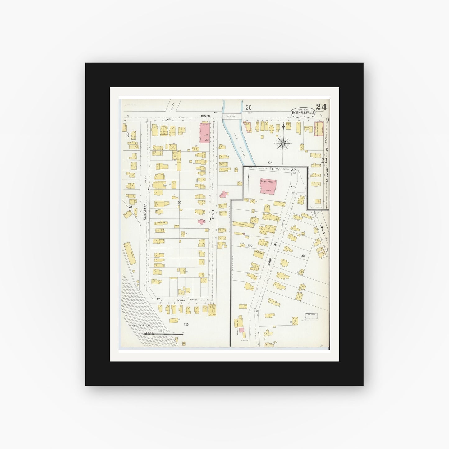 Old map wall art mockup — black gallery frame with white mat — Sanborn Fire Insurance Map from Hornell, Steuben County, New York (1904), Sheet #0024