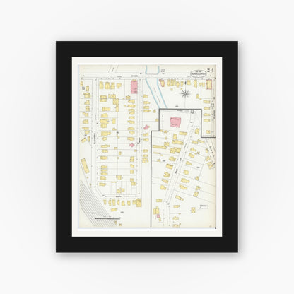 Old map wall art mockup — black gallery frame with white mat — Sanborn Fire Insurance Map from Hornell, Steuben County, New York (1904), Sheet #0024