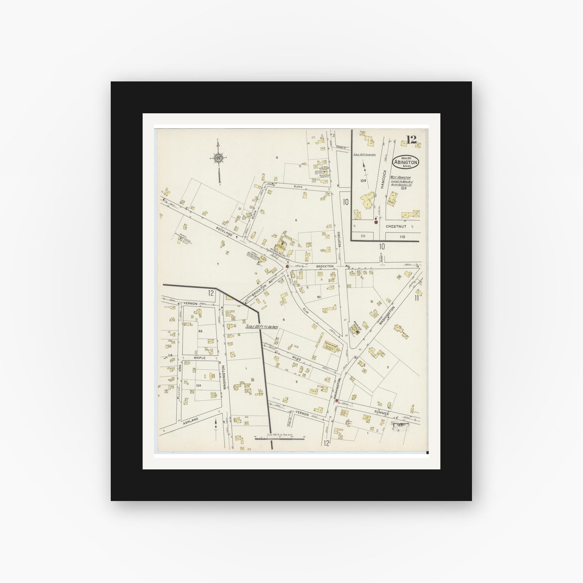Old map wall art mockup — black gallery frame with white mat — Sanborn Fire Insurance Map from Abington, Plymouth County, Massachusetts (1915), Sheet #0012