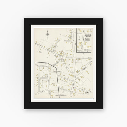 Old map wall art mockup — black gallery frame with white mat — Sanborn Fire Insurance Map from Abington, Plymouth County, Massachusetts (1915), Sheet #0012