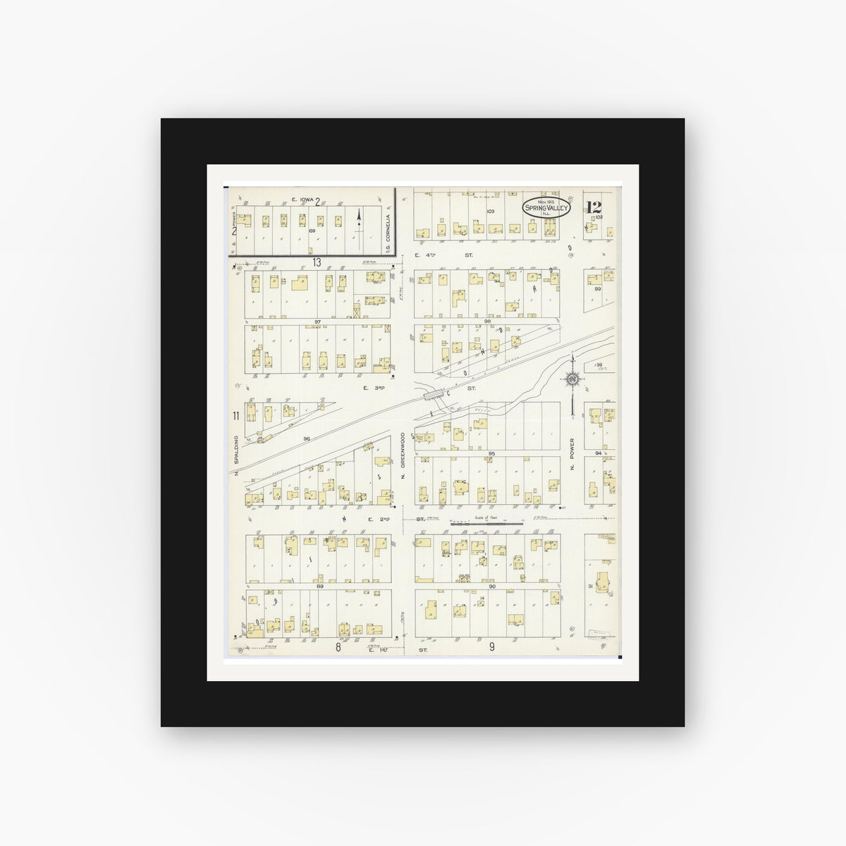 Old map wall art mockup — black gallery frame with white mat — Sanborn Fire Insurance Map from Spring Valley, Bureau County, Illinois (1913), Sheet #0012