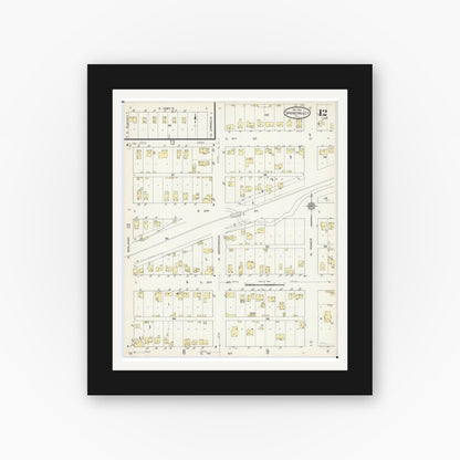 Old map wall art mockup — black gallery frame with white mat — Sanborn Fire Insurance Map from Spring Valley, Bureau County, Illinois (1913), Sheet #0012