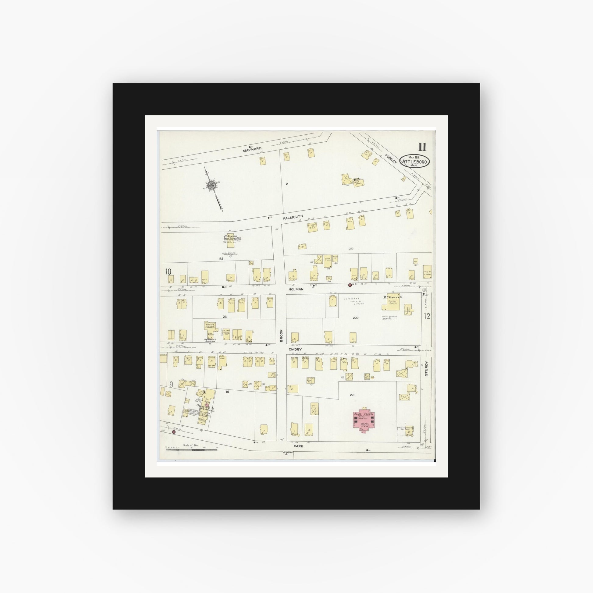 Old map wall art mockup — black gallery frame with white mat — Sanborn Fire Insurance Map from Attleboro, Bristol County, Massachusetts (1911), Sheet #0011