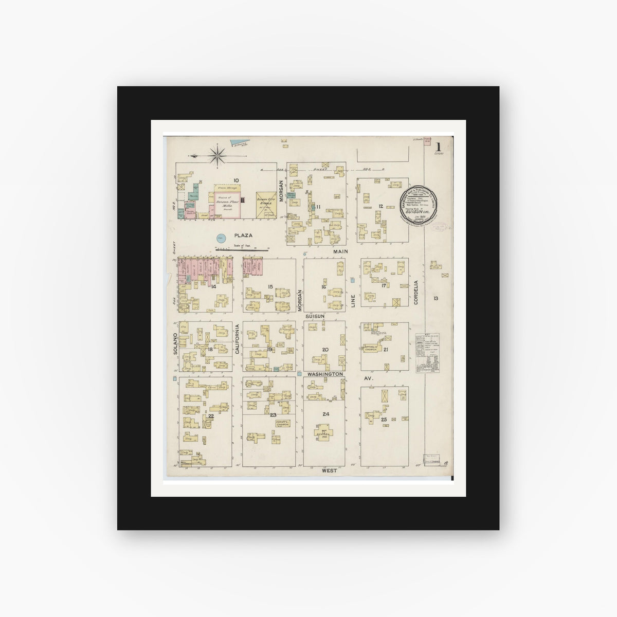 Old map wall art mockup — black gallery frame with white mat — Sanborn Fire Insurance Map from Suisun, Solano County, California (1888) - Complete Map Set