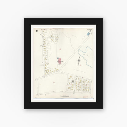 Old map wall art mockup — black gallery frame with white mat — Sanborn Fire Insurance Map from Whitman, Plymouth County, Massachusetts (1950), Sheet #0009
