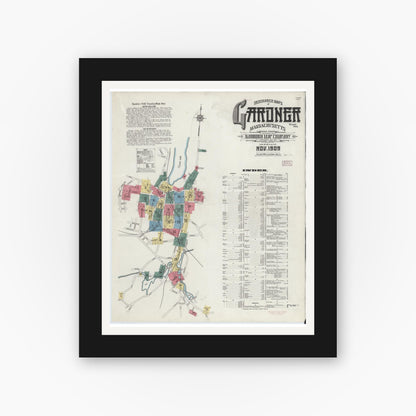 Old map wall art mockup — black gallery frame with white mat — Sanborn Fire Insurance Map from Gardner, Worcester County, Massachusetts (1909), Sheet #0001