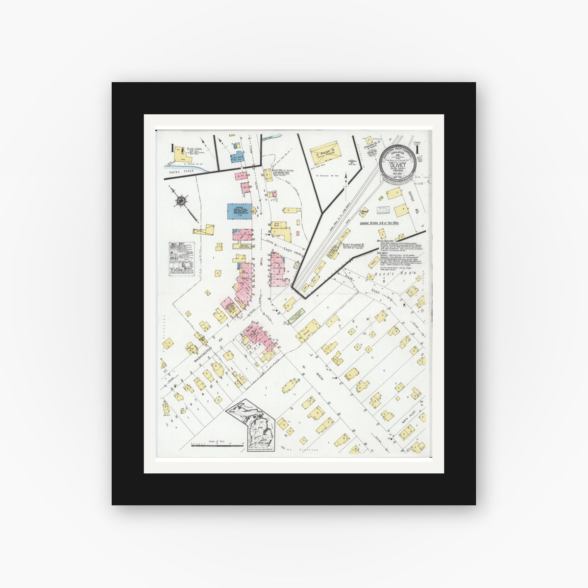 Old map wall art mockup — black gallery frame with white mat — Sanborn Fire Insurance Map from Olivet, Eaton County, Michigan (1927), Sheet #0001
