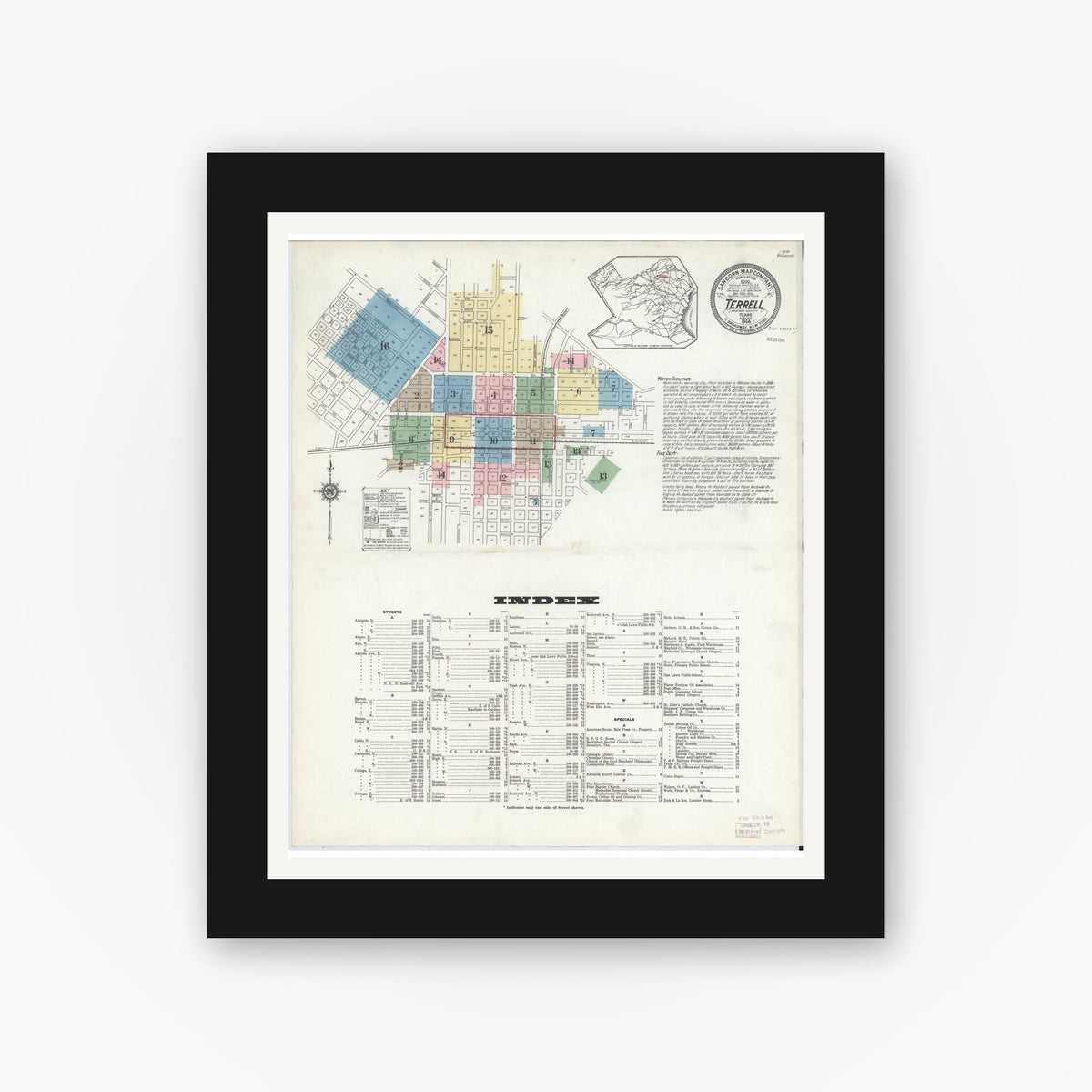 Old map wall art mockup — black gallery frame with white mat — Sanborn Fire Insurance Map from Terrell, Kaufman County, Texas (1914), Sheet #0001