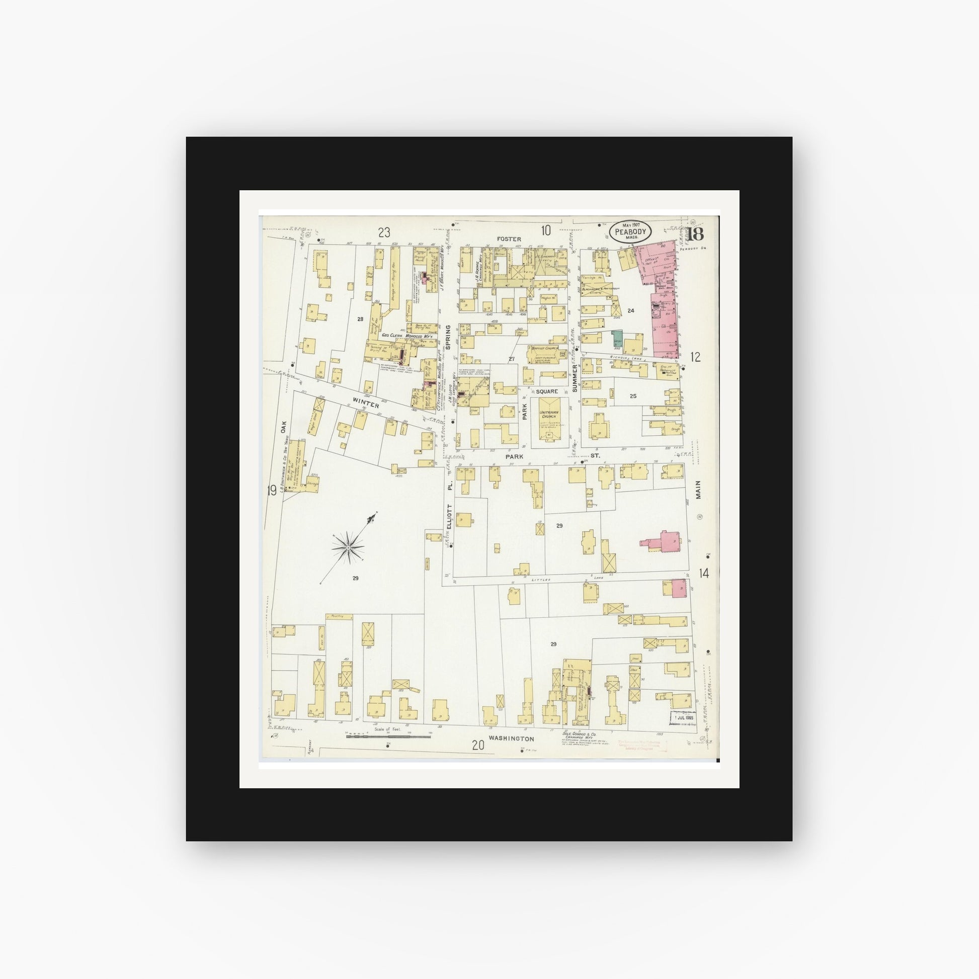 Old map wall art mockup — black gallery frame with white mat — Sanborn Fire Insurance Map from Peabody, Essex County, Massachusetts (1907), Sheet #0018