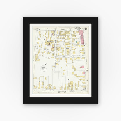 Old map wall art mockup — black gallery frame with white mat — Sanborn Fire Insurance Map from Peabody, Essex County, Massachusetts (1907), Sheet #0018