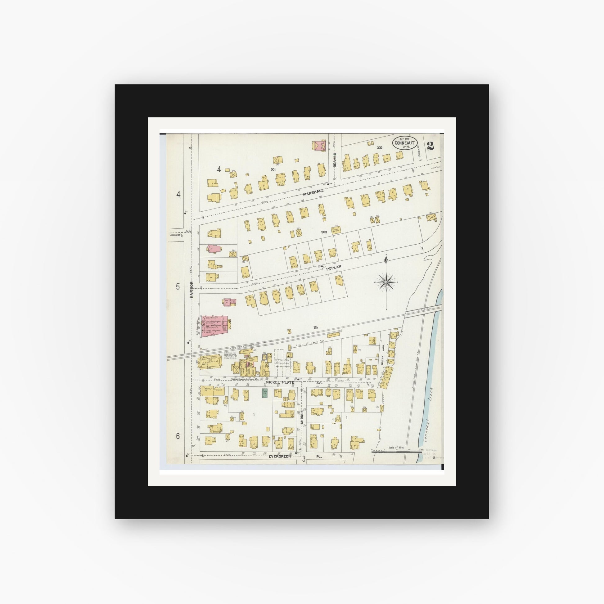 Old map wall art mockup — black gallery frame with white mat — Sanborn Fire Insurance Map from Conneaut, Ashtabula County, Ohio (1902), Sheet #0002