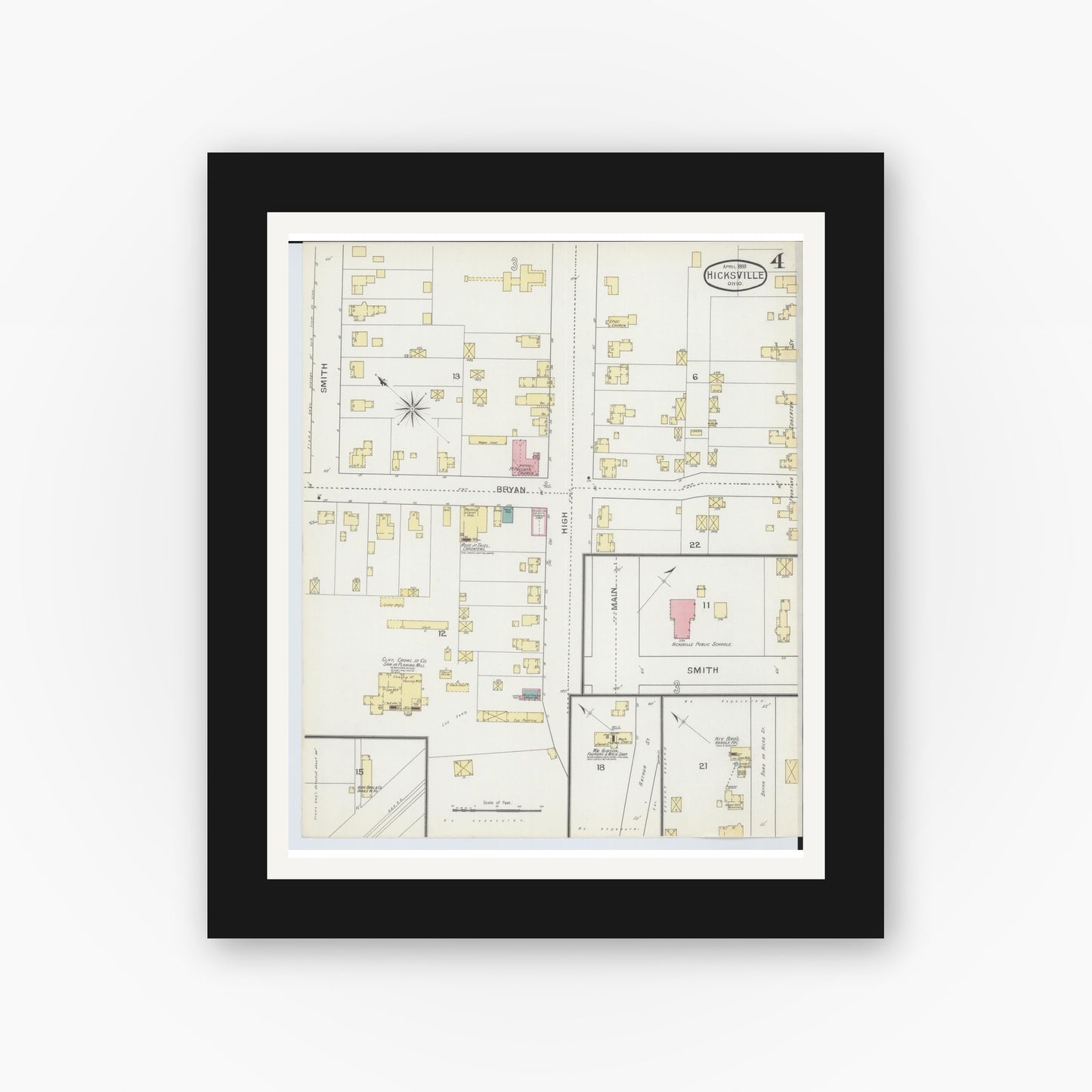 Old map wall art mockup — black gallery frame with white mat — Sanborn Fire Insurance Map from Hicksville, Defiance County, Ohio (1893), Sheet #0004