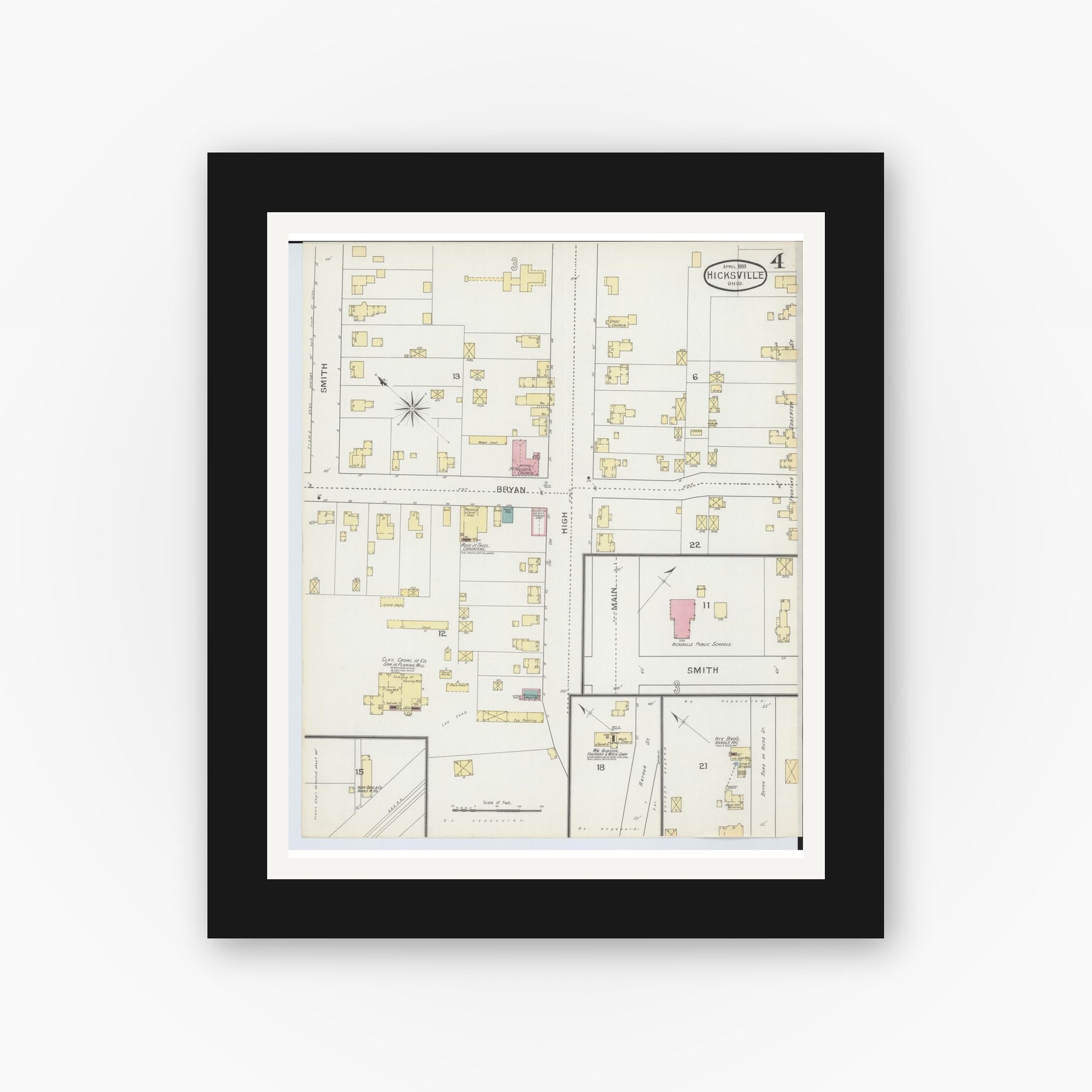 Old map wall art mockup — black gallery frame with white mat — Sanborn Fire Insurance Map from Hicksville, Defiance County, Ohio (1893), Sheet #0004