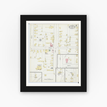 Old map wall art mockup — black gallery frame with white mat — Sanborn Fire Insurance Map from Hicksville, Defiance County, Ohio (1893), Sheet #0004