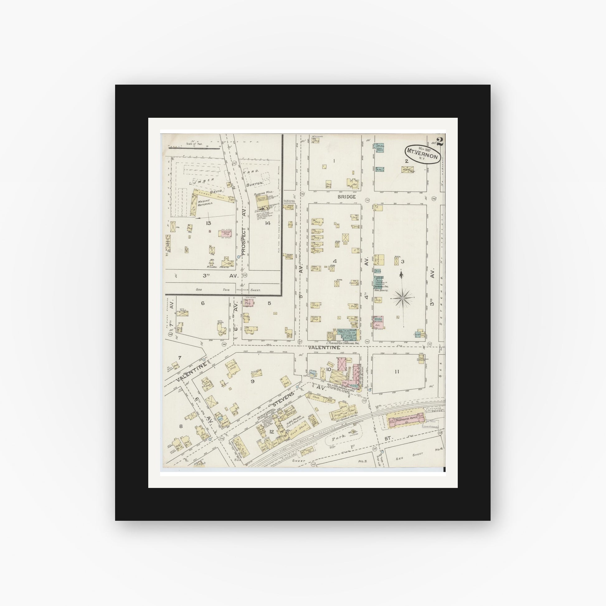 Old map wall art mockup — black gallery frame with white mat — Sanborn Fire Insurance Map from Mount Vernon, Westchester County, New York (1887) - Complete Map Set