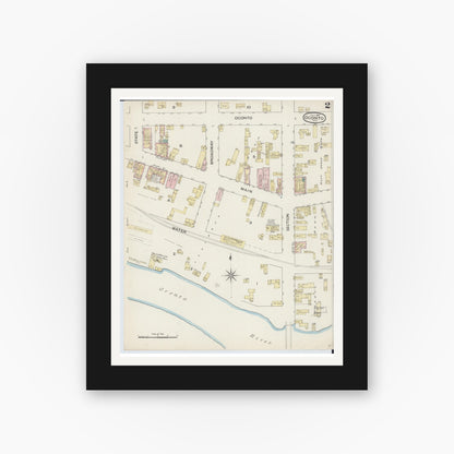 Old map wall art mockup — black gallery frame with white mat — Sanborn Fire Insurance Map from Oconto, Oconto County, Wisconsin (1887), Sheet #0002