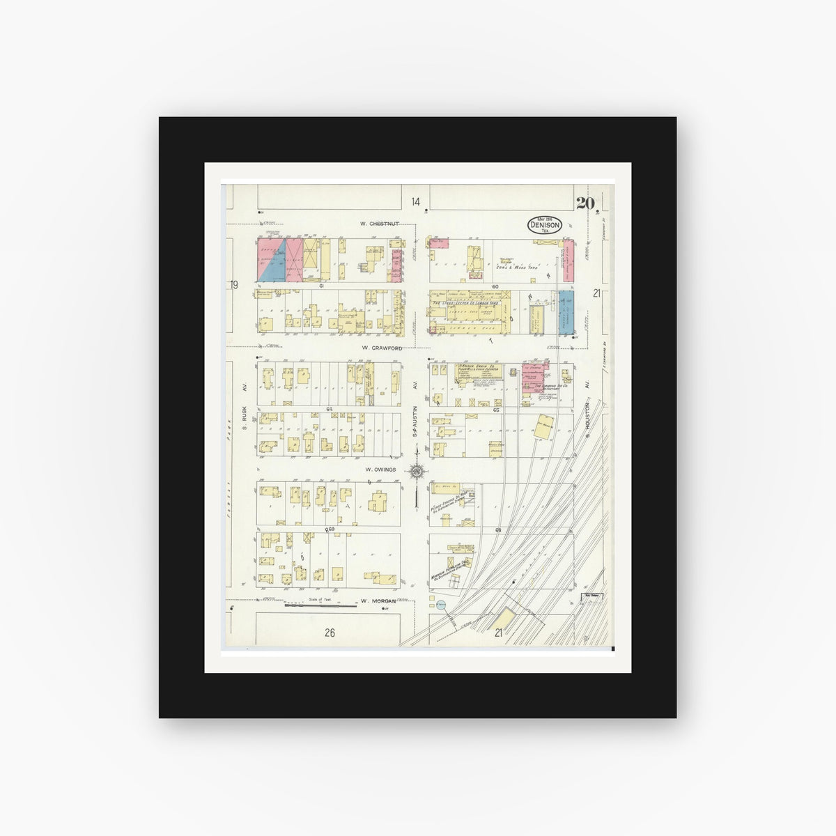 Old map wall art mockup — black gallery frame with white mat — Sanborn Fire Insurance Map from Denison, Grayson County, Texas (1914), Sheet #0020