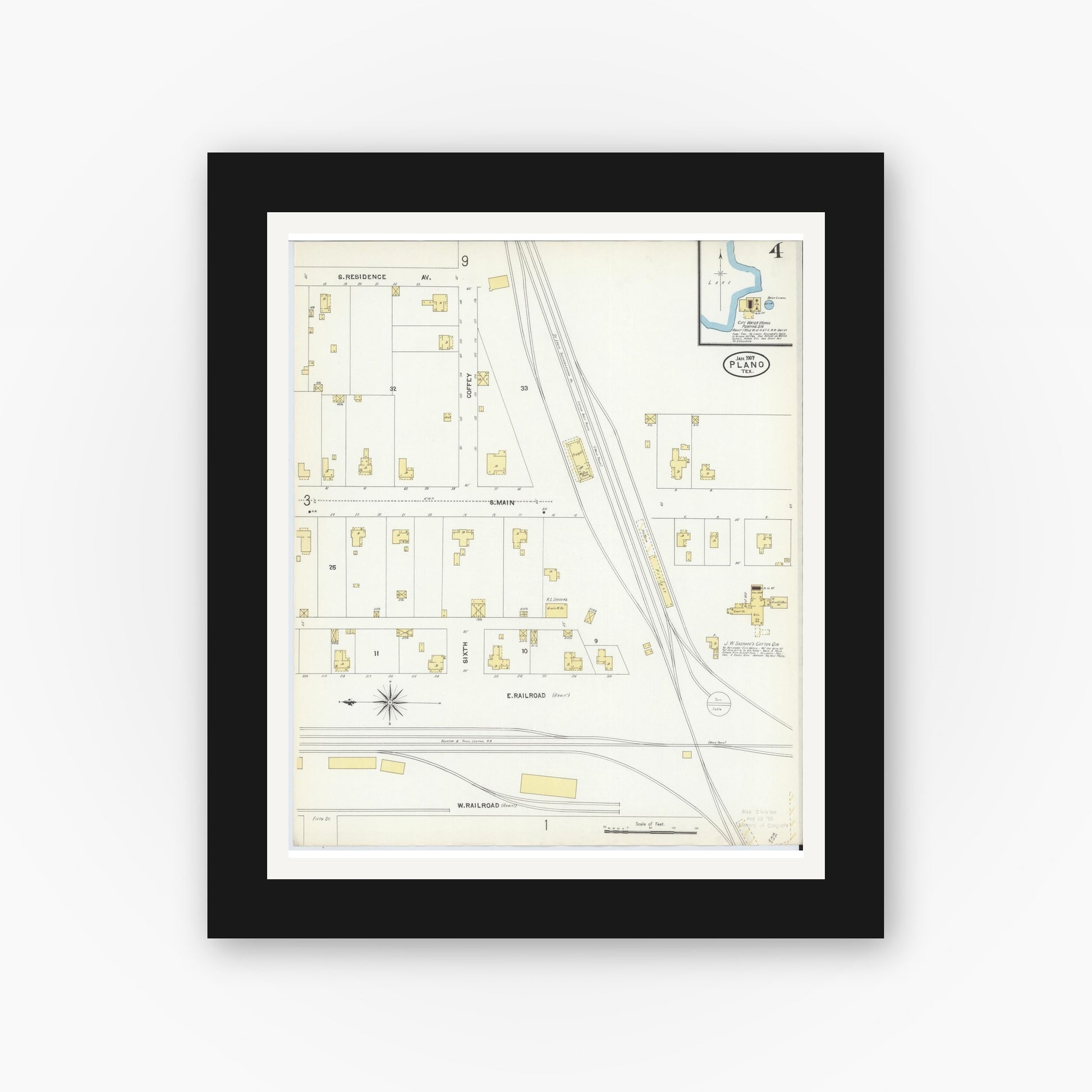 Old map wall art mockup — black gallery frame with white mat — Sanborn Fire Insurance Map from Plano, Collin County, Texas (1907), Sheet #0004