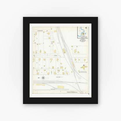 Old map wall art mockup — black gallery frame with white mat — Sanborn Fire Insurance Map from Plano, Collin County, Texas (1907), Sheet #0004