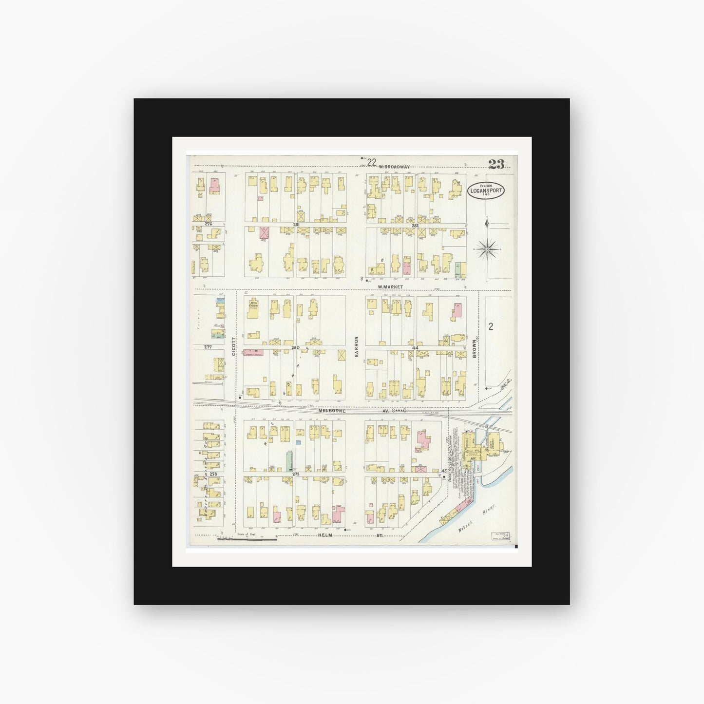 Old map wall art mockup — black gallery frame with white mat — Sanborn Fire Insurance Map from Logansport, Cass County, Indiana (1898), Sheet #0023