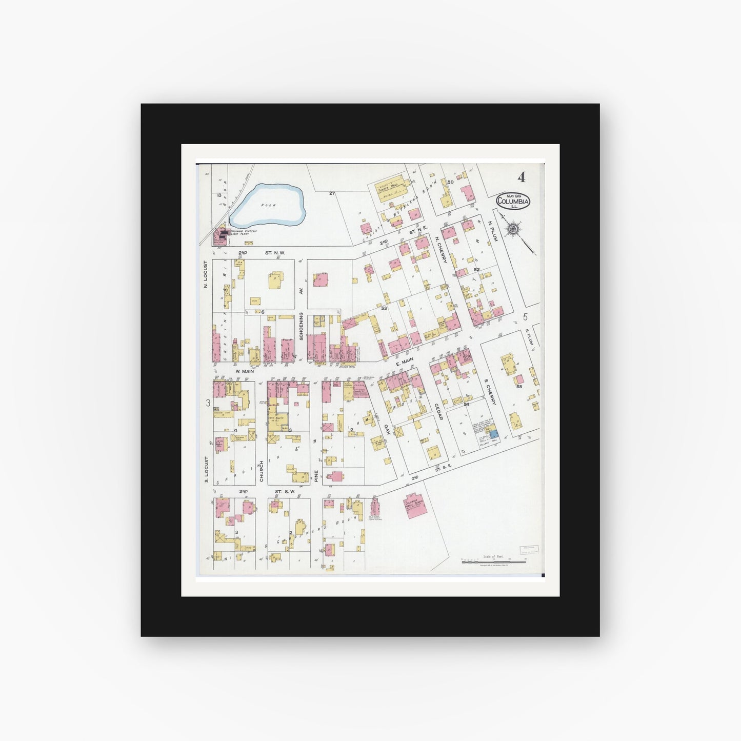 Old map wall art mockup — black gallery frame with white mat — Sanborn Fire Insurance Map from Columbia, Monroe County, Illinois (1919), Sheet #0004