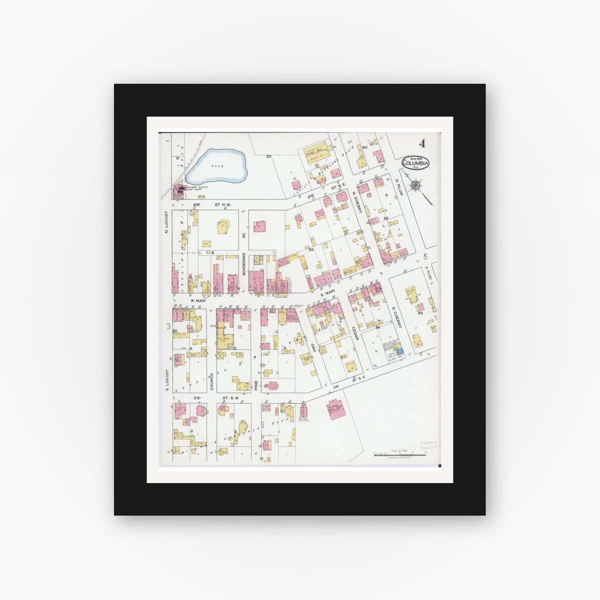 Old map wall art mockup — black gallery frame with white mat — Sanborn Fire Insurance Map from Columbia, Monroe County, Illinois (1919), Sheet #0004