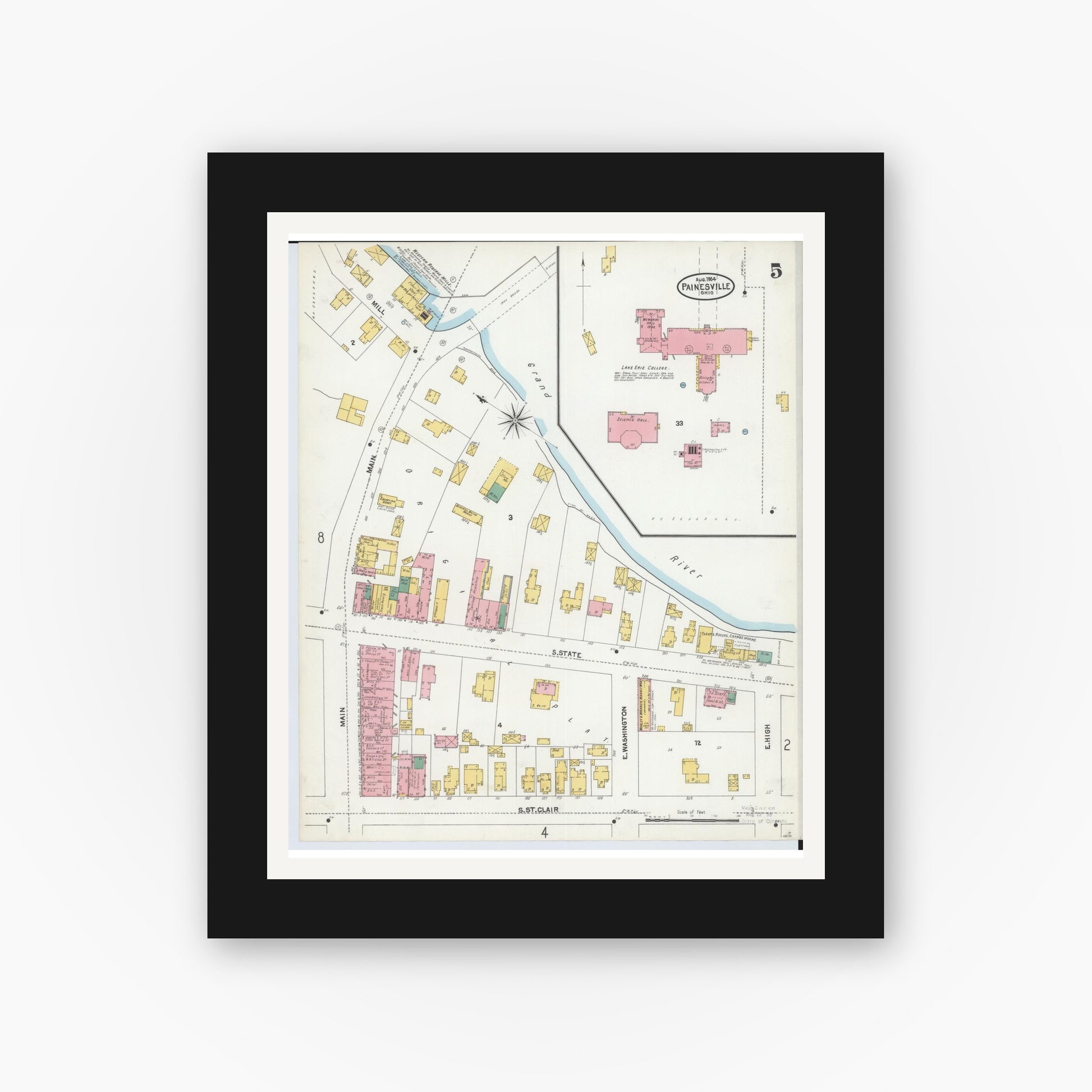 Old map wall art mockup — black gallery frame with white mat — Sanborn Fire Insurance Map from Painesville, Lake County, Ohio (1904), Sheet #0005