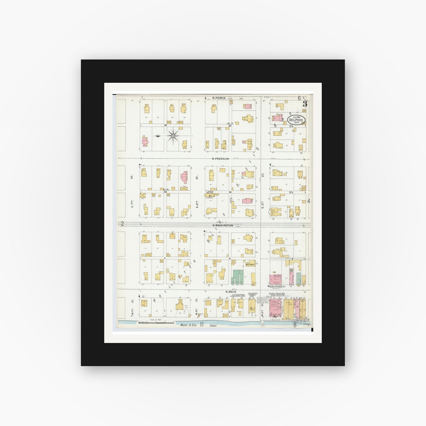 Old map wall art mockup — black gallery frame with white mat — Sanborn Fire Insurance Map from Delphos, Van Wert And Allen Counties, Ohio (1899), Sheet #0003