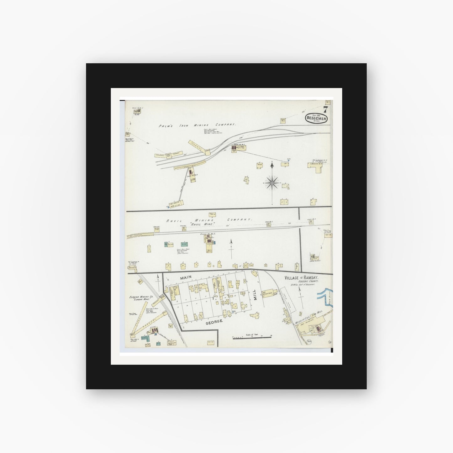 Old map wall art mockup — black gallery frame with white mat — Sanborn Fire Insurance Map from Bessemer, Gogebic County, Michigan (1891), Sheet #0007
