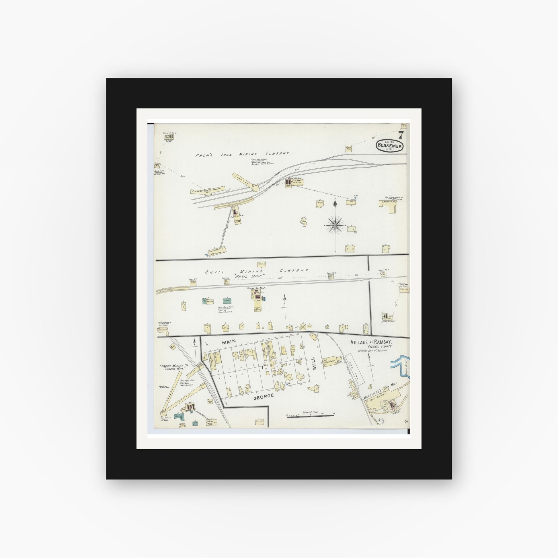 Old map wall art mockup — black gallery frame with white mat — Sanborn Fire Insurance Map from Bessemer, Gogebic County, Michigan (1891), Sheet #0007