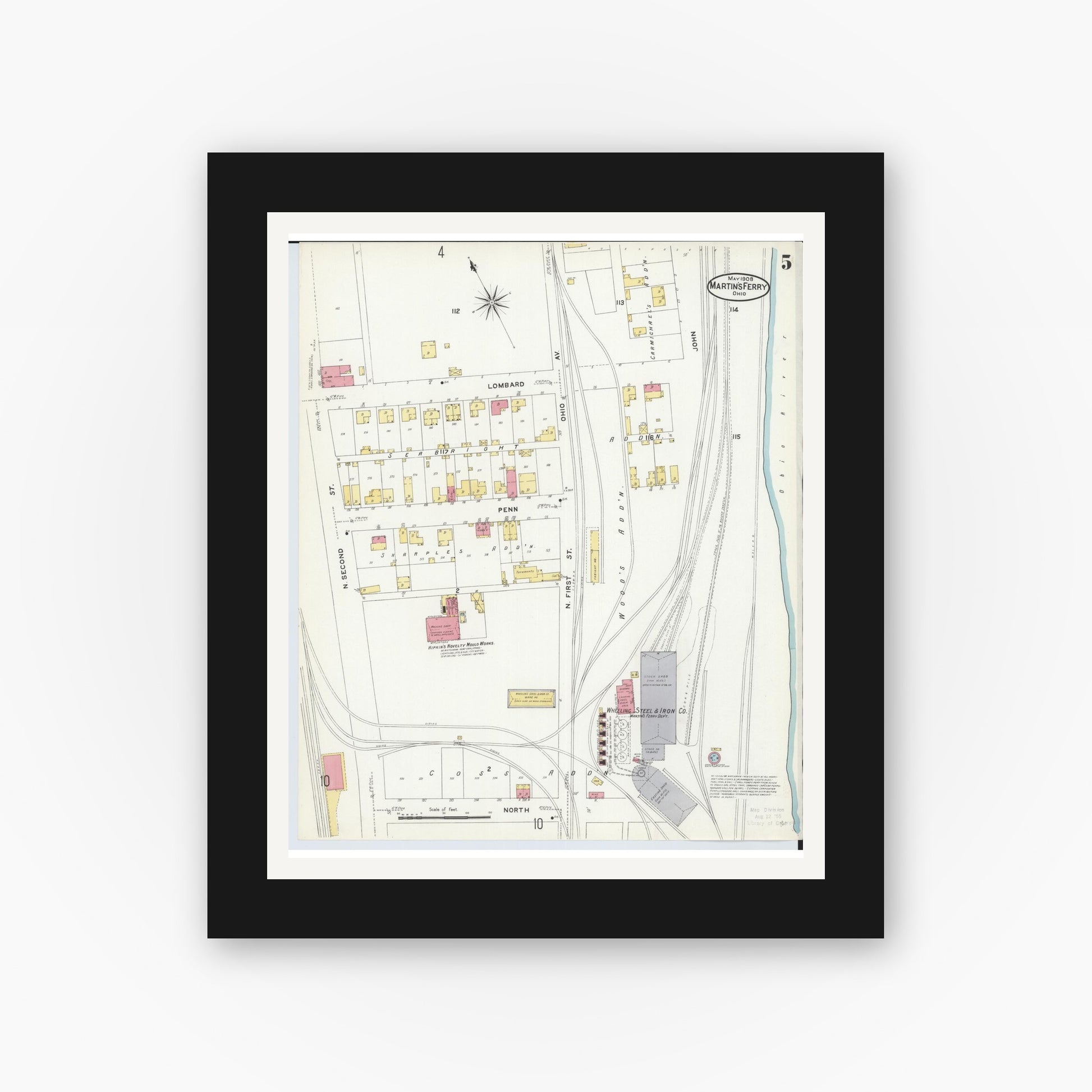 Old map wall art mockup — black gallery frame with white mat — Sanborn Fire Insurance Map from Martins Ferry, Belmont County, Ohio (1908), Sheet #0005