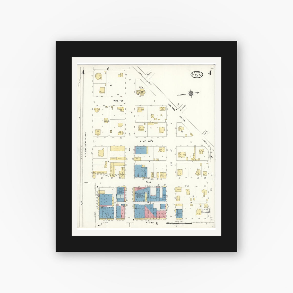 Old map wall art mockup — black gallery frame with white mat — Sanborn Fire Insurance Map from Hico, Hamilton County, Texas (1923), Sheet #0004