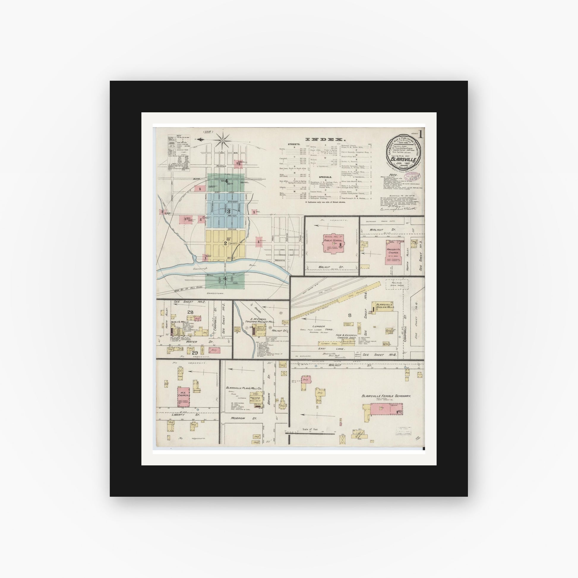 Old map wall art mockup — black gallery frame with white mat — Sanborn Fire Insurance Map from Blairsville, Indiana County, Pennsylvania (1887), Sheet #0001