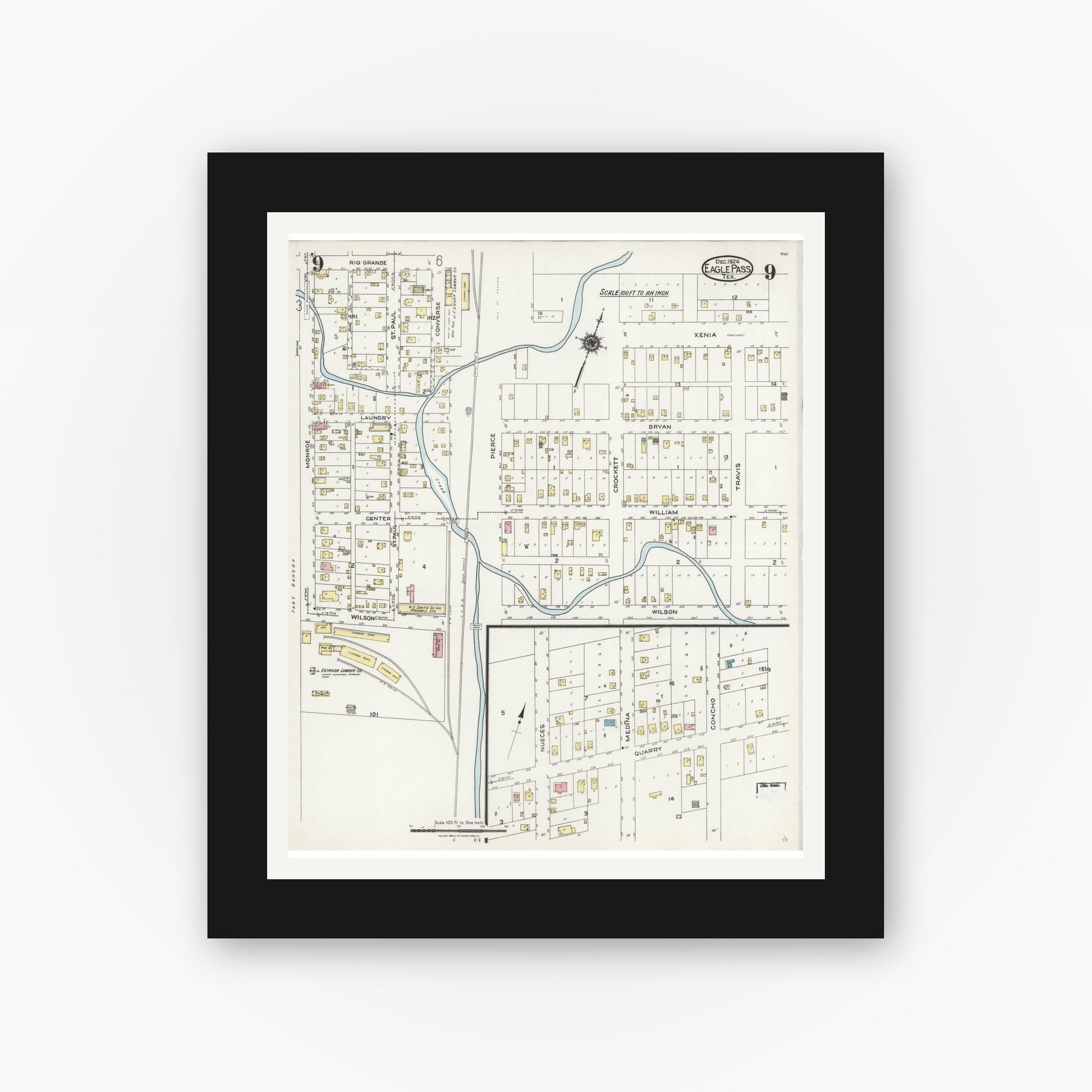 Old map wall art mockup — black gallery frame with white mat — Sanborn Fire Insurance Map from Eagle Pass, Maverick County, Texas (1924), Sheet #0009
