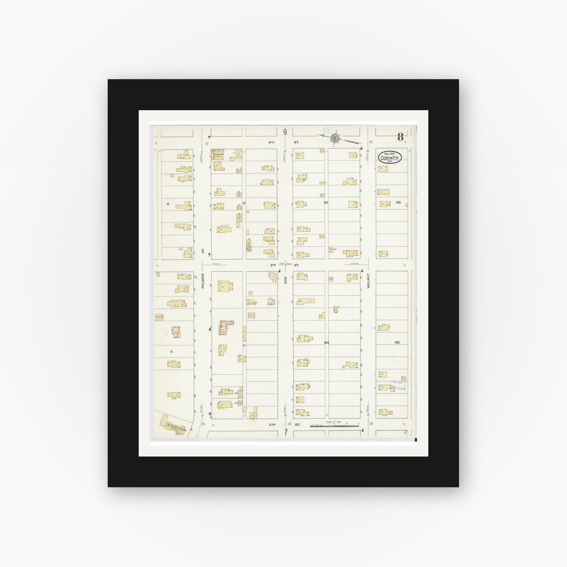 Old map wall art mockup — black gallery frame with white mat — Sanborn Fire Insurance Map from Corinth, Saratoga County, New York (1912), Sheet #0008
