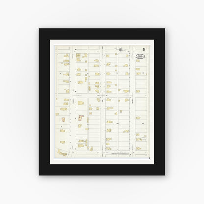 Old map wall art mockup — black gallery frame with white mat — Sanborn Fire Insurance Map from Corinth, Saratoga County, New York (1912), Sheet #0008