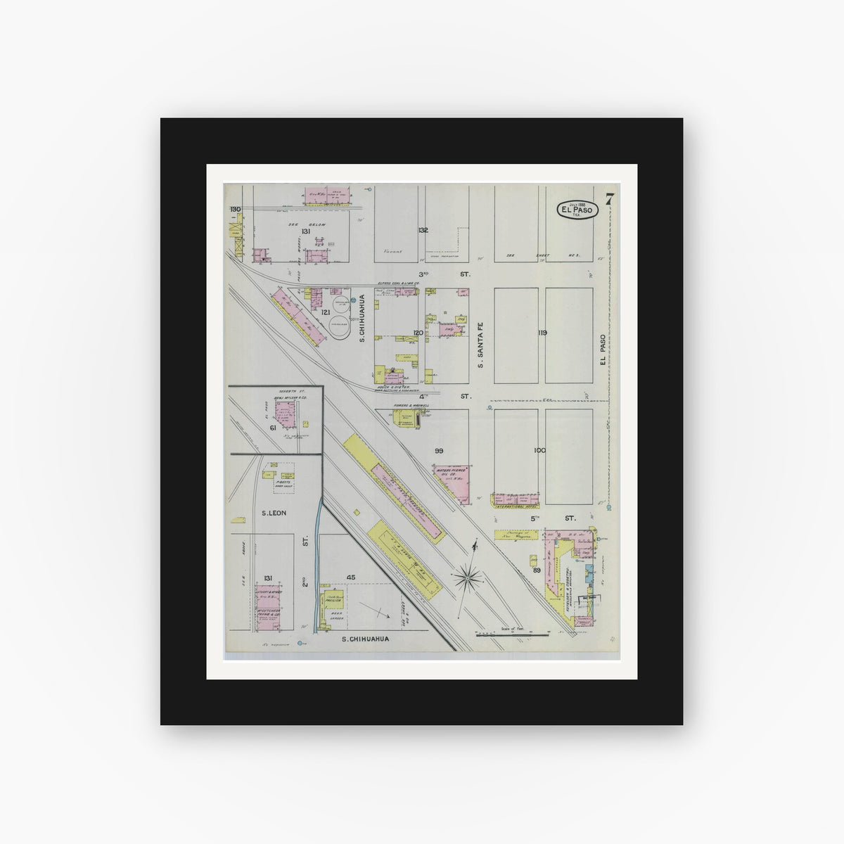 Old map wall art mockup — black gallery frame with white mat — Sanborn Fire Insurance Map from El Paso, El Paso County, Texas (1888), Sheet #0007