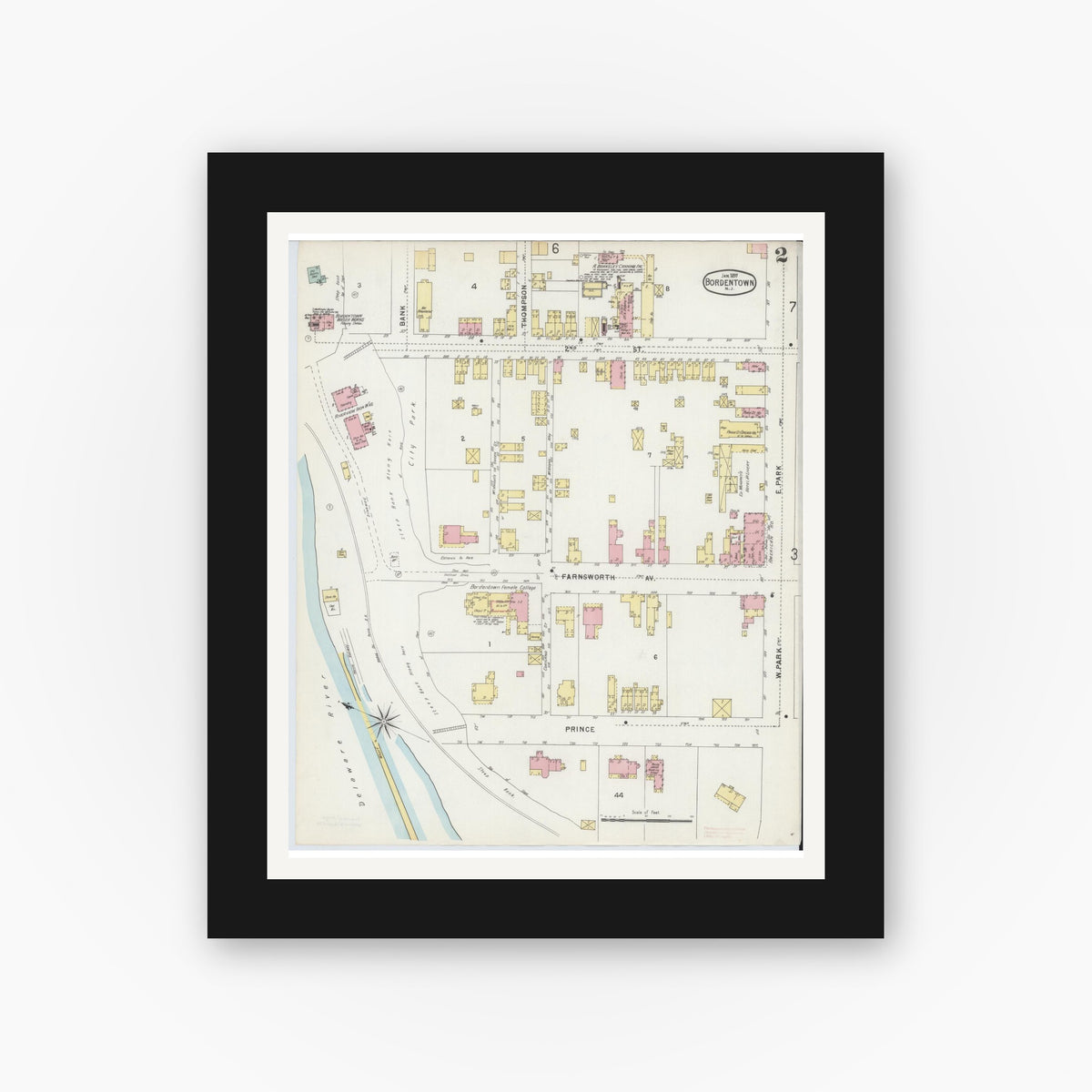 Old map wall art mockup — black gallery frame with white mat — Sanborn Fire Insurance Map from Bordentown, Burlington County, New Jersey (1897), Sheet #0002