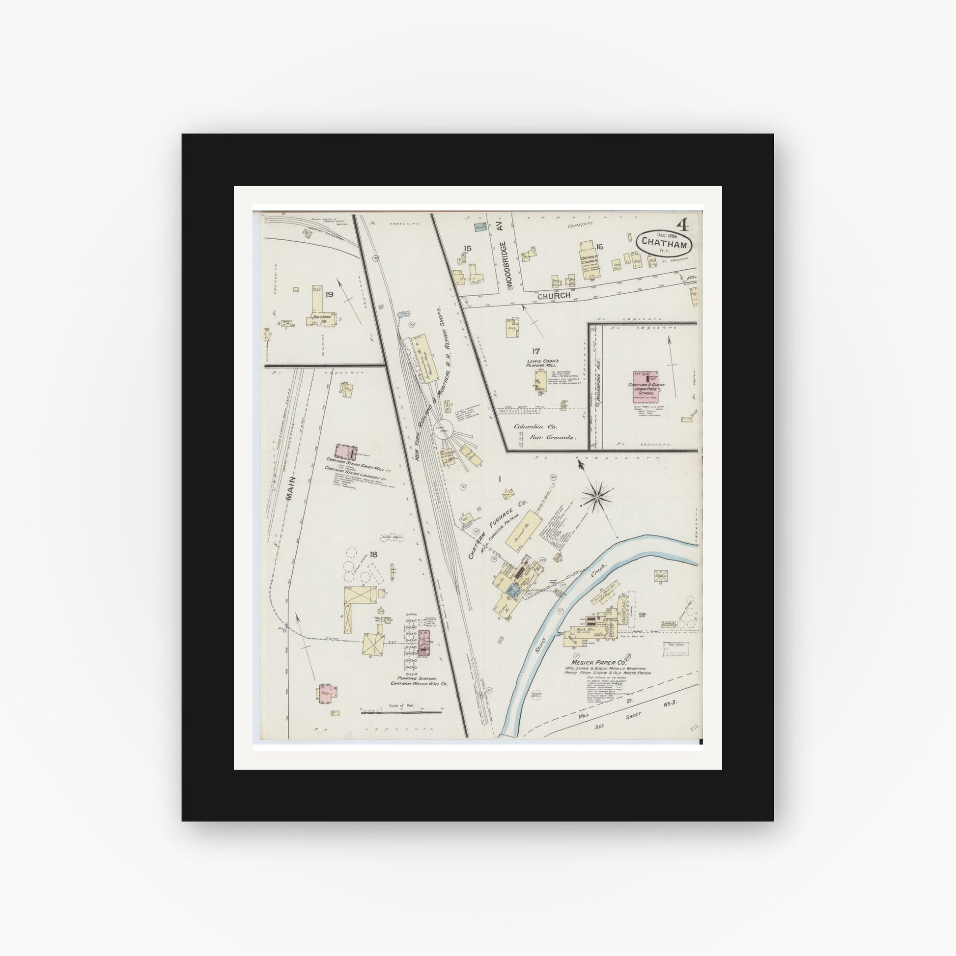 Old map wall art mockup — black gallery frame with white mat — Sanborn Fire Insurance Map from Chatham, Columbia County, New York (1886), Sheet #0004