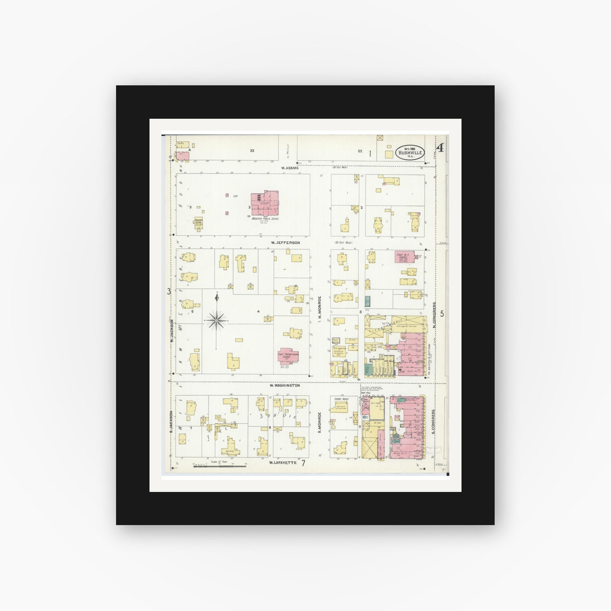 Old map wall art mockup — black gallery frame with white mat — Sanborn Fire Insurance Map from Rushville, Schuyler County, Illinois (1906), Sheet #0004