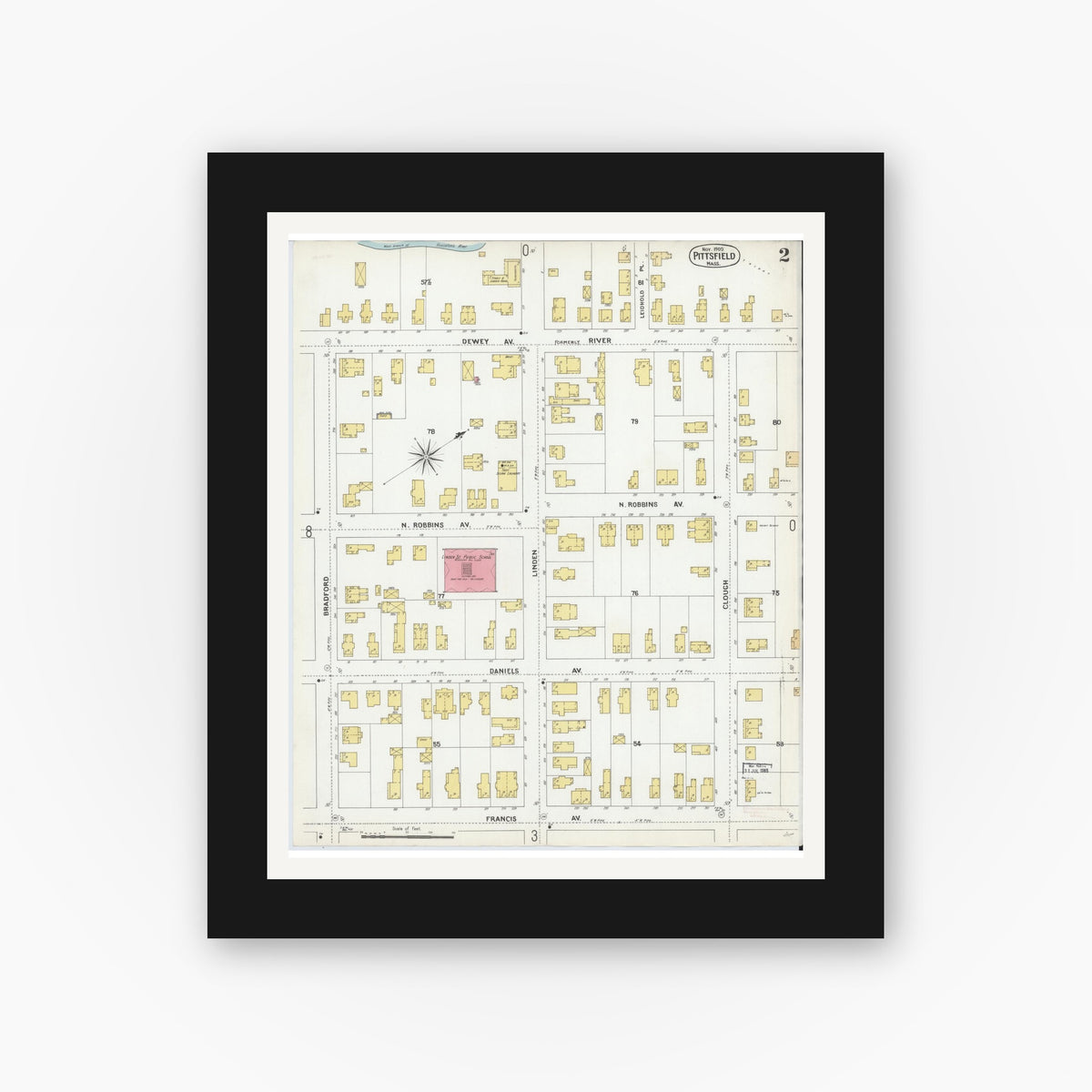 Old map wall art mockup — black gallery frame with white mat — Sanborn Fire Insurance Map from Pittsfield, Berkshire County, Massachusetts (1900), Sheet #0002