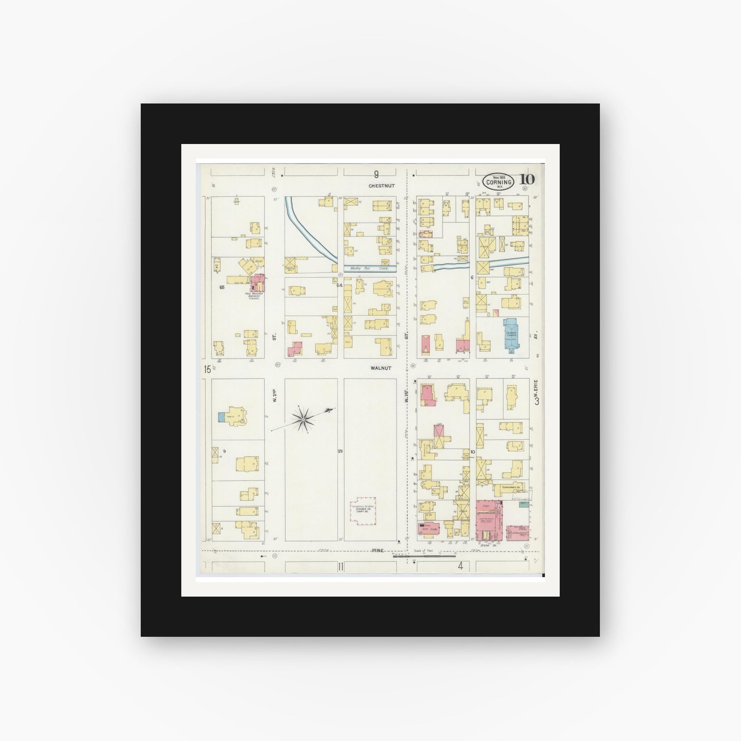 Old map wall art mockup — black gallery frame with white mat — Sanborn Fire Insurance Map from Corning, Steuben County, New York (1903), Sheet #0010