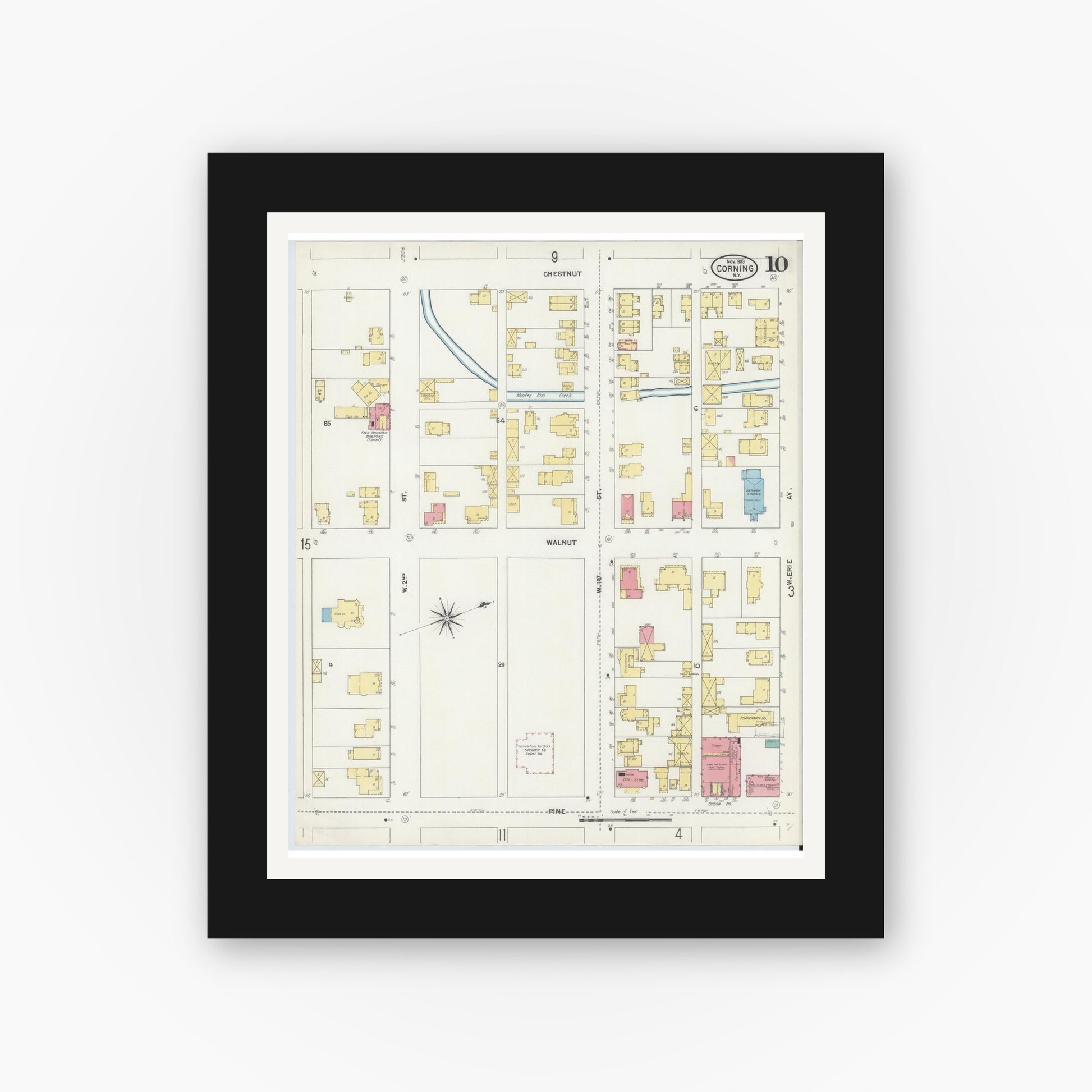 Old map wall art mockup — black gallery frame with white mat — Sanborn Fire Insurance Map from Corning, Steuben County, New York (1903), Sheet #0010