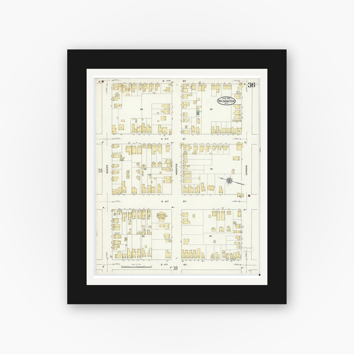 Old map wall art mockup — black gallery frame with white mat — Sanborn Fire Insurance Map from Wilmington, New Hanover County, North Carolina (1910), Sheet #0036
