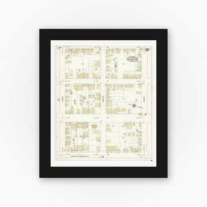 Old map wall art mockup — black gallery frame with white mat — Sanborn Fire Insurance Map from Wilmington, New Hanover County, North Carolina (1910), Sheet #0036
