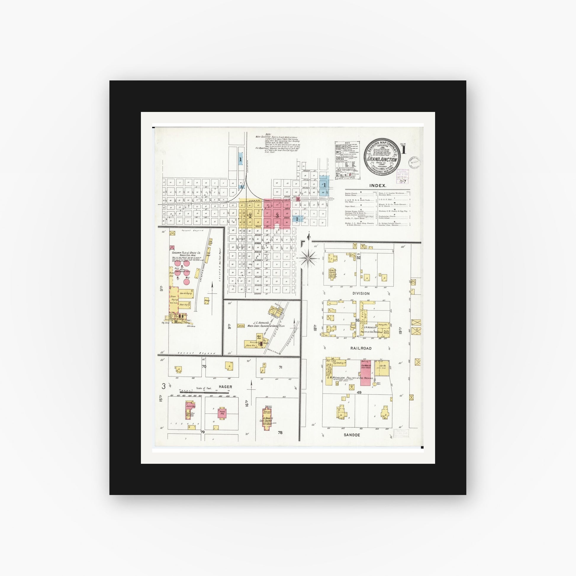 Old map wall art mockup — black gallery frame with white mat — Sanborn Fire Insurance Map from Grand Junction, Greene County, Iowa (1901) â€” Complete Set